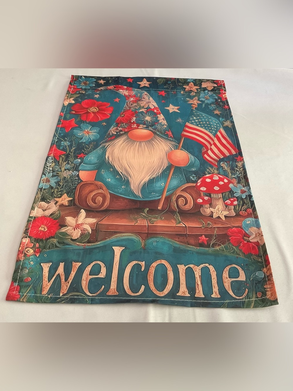 Patriotic Gnome 'Welcome' Garden Flag - Teal & Red